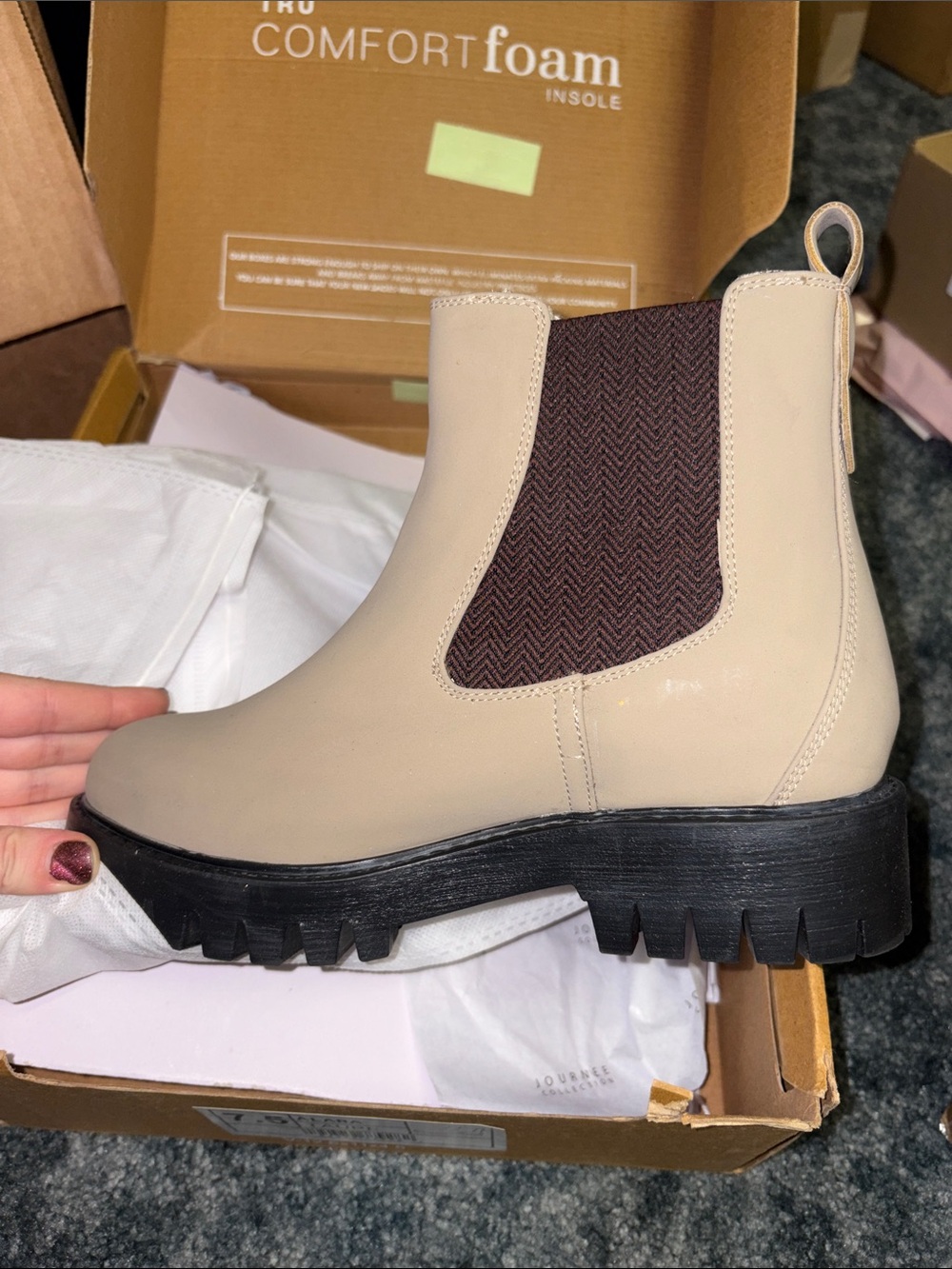 Journee Collection Beige Ankle Chelsea Lug Boots with Brown Elastic